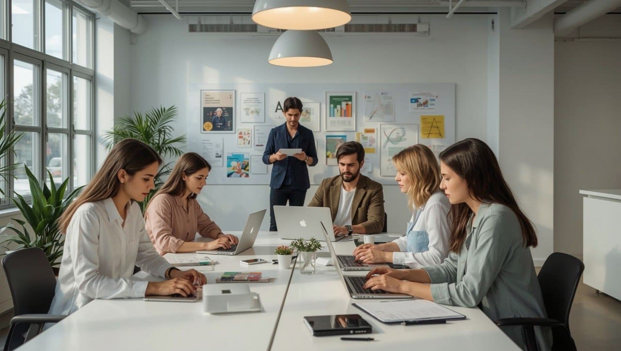 Many people working in marketing office