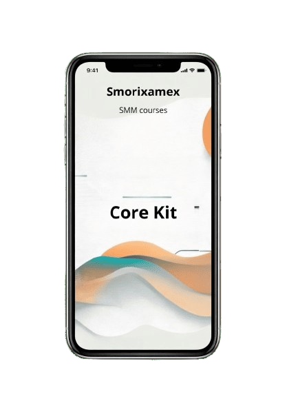 Phone mockup displaying "Core Kit" SMM course