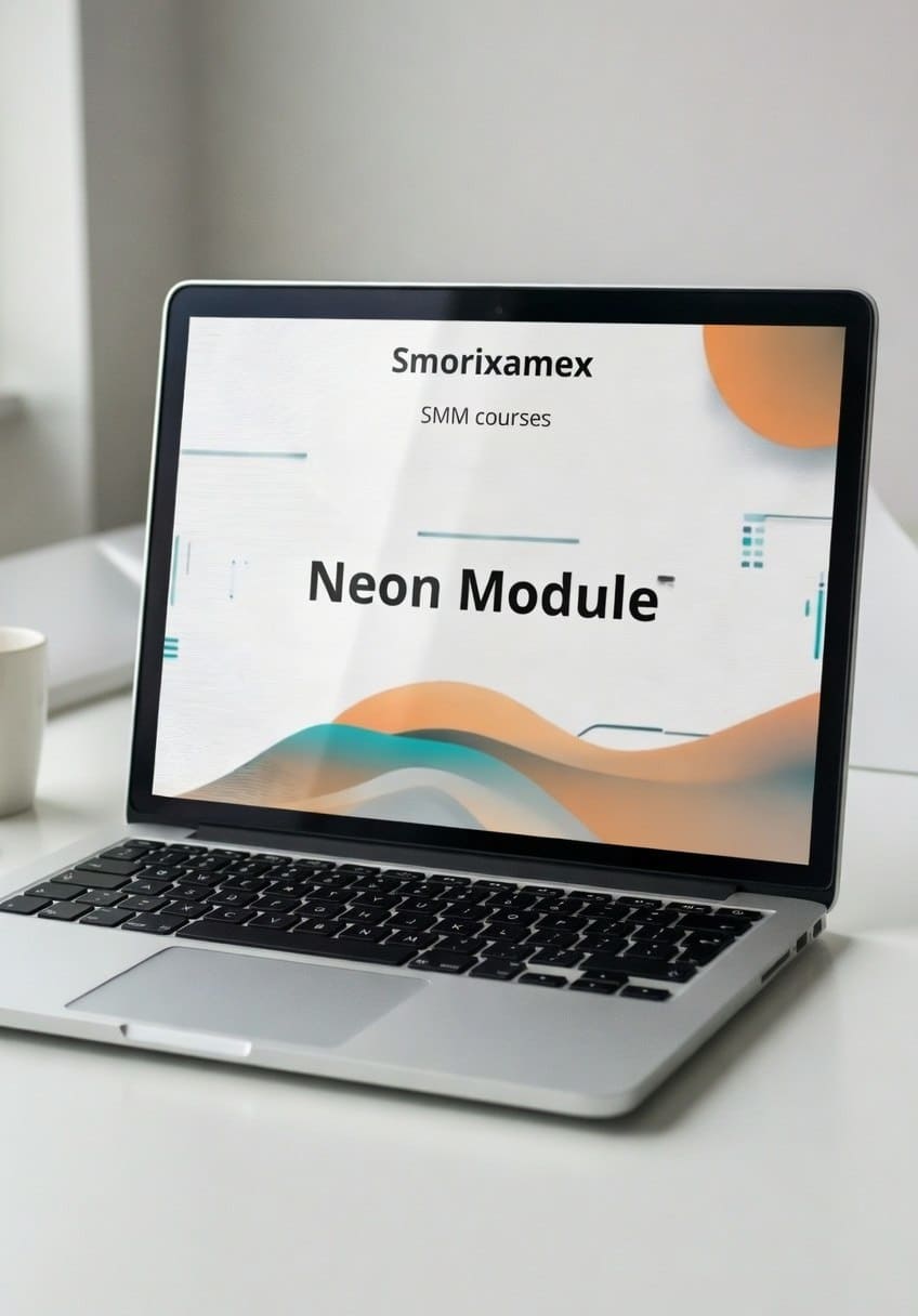 Laptop displaying "Neon Module" SMM course
