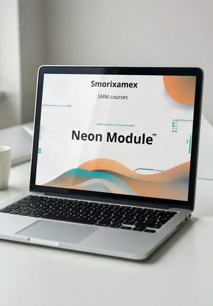 Laptop displaying "Neon Module" SMM course